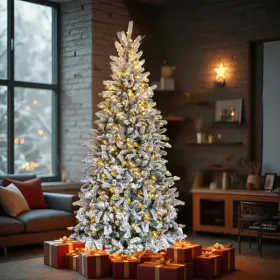 7 FT Snow Flocked Pre-lit Artificial Pencil Christmas Tree, Hinged Xmas Pine Tree With 1100 Branch Tips And 400 Lights For Holiday Party Office H (Round: defaulttitle)