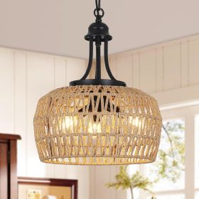 Farmhouse Chandelier For Dining Room, 3-Light Boho Rattan Chandelier Light Fixture Ceiling Hanging W (Round: BrownBlack)