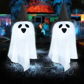 Solar Halloween Pumpkin LED Lights, Set Of 4 Big Pumpkin Stake Lights 2 Modes For Outdoor Halloween Pathway Yard Garden Decoration (Round: CoolWhiteGhost2pcs)