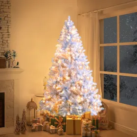 6FT Sliver Pre-Lit Artificial Christmas Tree, Hinged Full Tree With Metal Stand, 800 Branch Tips, 300 LED Lights,11 Lighting Modes, Holiday Decor (Round: defaulttitle)