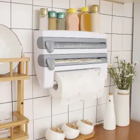 Kitchen Roll Dispenser Paper Roll Holder Plastic Wrap Film Foil Paper Organizer W/ Cutter Wall Mounted For Kitchen Bathroom (Round: GreyWhite)