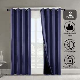 Polyester Grommets Thermal Insulated With Coated Lining 52 In. W X 84 In. L Indoor Blackout Curtains 3 Colors Available,Set Of 2 (Round: Dark blue)