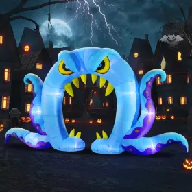 12FT Halloween Inflatables Decoration Giant Ghost With 3-Colored Flame Rotation LED Light Spooky Halloween Decorations Outdoor Blow Up Yard Decor (Round: BlueOctopusArchway)