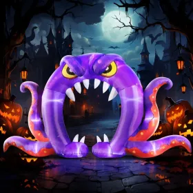 12FT Halloween Inflatables Decoration Giant Ghost With 3-Colored Flame Rotation LED Light Spooky Halloween Decorations Outdoor Blow Up Yard Decor (Round: PurpleOctopusArchway)