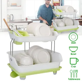2-Tier Dish Drying Rack Cutlery Drainer Holder Kitchen Organizer Storage Shelf (Round: GreenWhite)