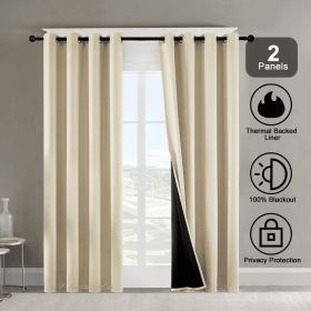 Polyester Grommets Thermal Insulated With Coated Lining 52 In. W X 84 In. L Indoor Blackout Curtains 3 Colors Available,Set Of 2 (Round: Beige)