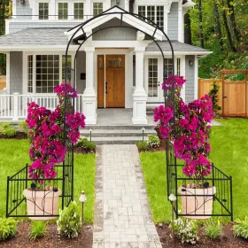 Metal Garden Arch With Two Plant Stands 79.5'' Wide X 86.6'' High Climbing Plants Support Rose Arch Outdoor Black (Round: Black)