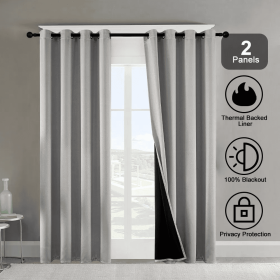 Polyester Grommets Thermal Insulated With Coated Lining 52 In. W X 84 In. L Indoor Blackout Curtains 3 Colors Available,Set Of 2 (Round: Gray)