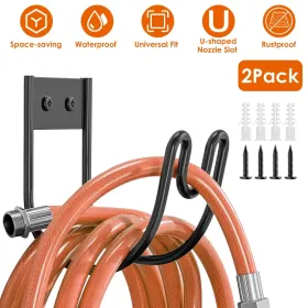 2Pack Heavy Duty Garden Hose Holder Stainless Steel Hose Hook Metal Hose Rack Reel Organizer For Water Hose Extension Cords (Round: Black)