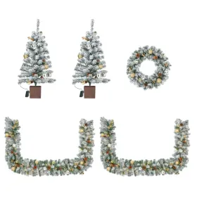 Pre-lit Holiday Christmas 4-Piece Set, Christmas Garland, Wreath And Set Of 2 Entrance Trees With Warm White LED Lights And Remote Control, Artif (Round: defaulttitle)