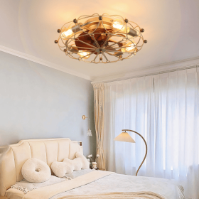 Low Profile Cage Ceiling Fan With Light Remote Control, Built-in Modern Industrial Ceiling Fan (Round: Golden)
