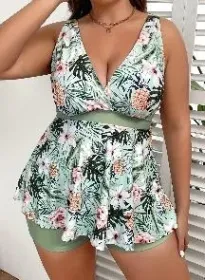 Swimsuits For Women Tropical Print V Neck Tops And Shorts Bathing Suits Two Piece Swimsuit (Round: 3xl)