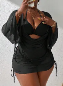 Women's Plus Size Sexy 4 Piece Swimsuits Halter Bikini Sets With Drawstring Long Sleeve Cover Up Bathing (Round: 1xl)