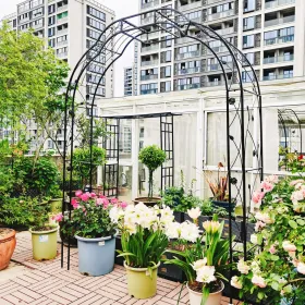 Metal Garden Arch W74.4'' X H98.4'' Garden Arbor Trellis Climbing Plants Support Rose Arch Outdoor Arch (Round: Black)