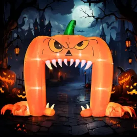 12FT Halloween Inflatables Decoration Giant Ghost With 3-Colored Flame Rotation LED Light Spooky Halloween Decorations Outdoor Blow Up Yard Decor (Round: PumpkinFaceArchway)